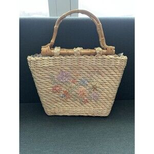 CAPPELLI Straw World Tote Carryall‎ Handbag Bamboo Handles  Embroidered Floral